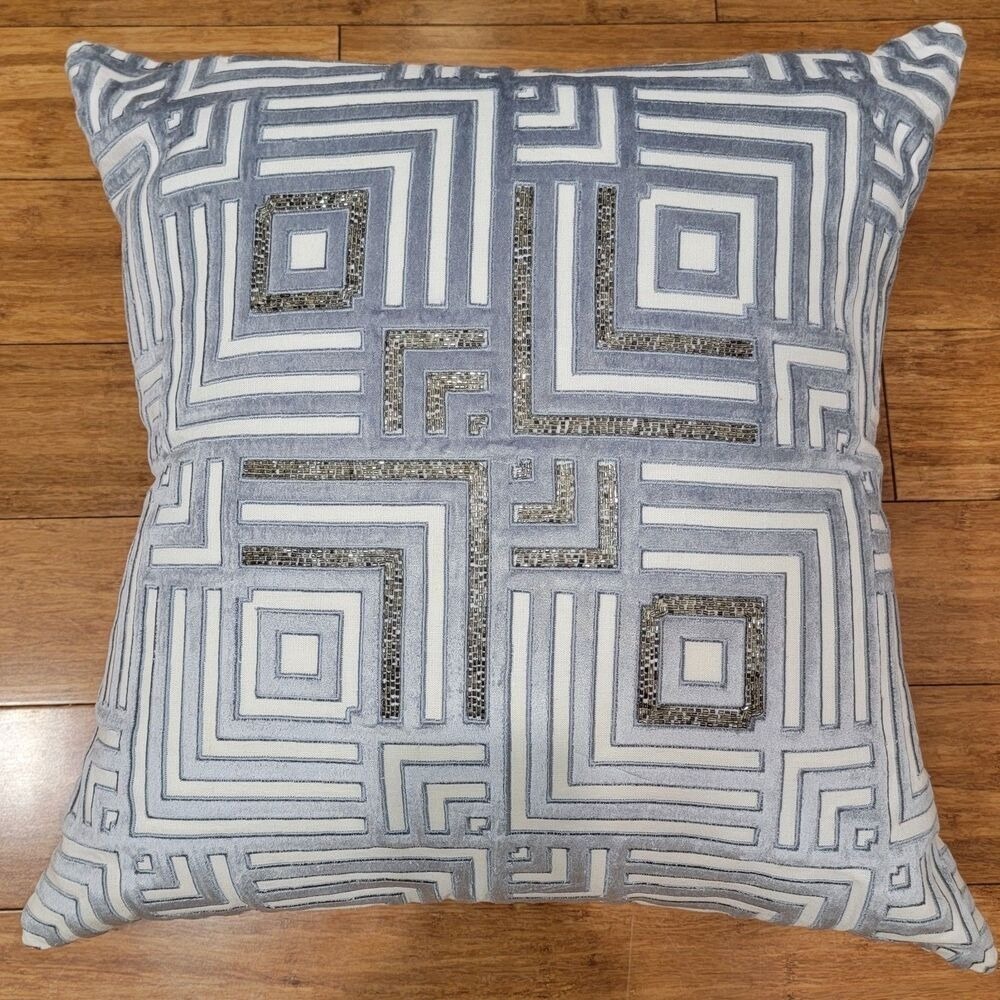 CALLISTO HOME Embroidered Beaded Pillow 22x22 Duck Down  Blue White Velvet Linen